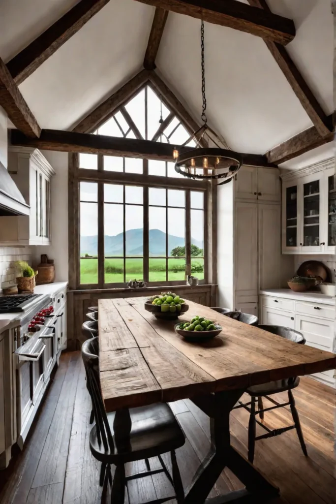 A rustic farmhouse kitchen with a large wooden table shiplap walls and