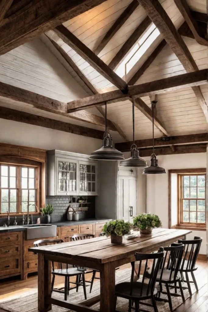 A rustic farmhouse kitchen with a wooden table shiplap walls and a