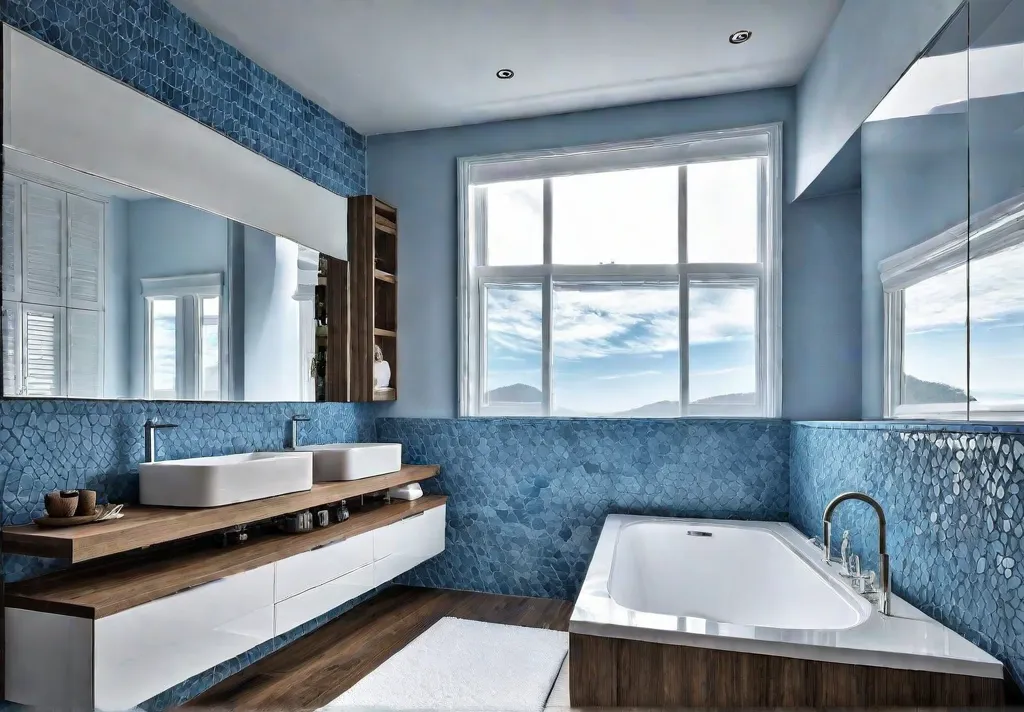 A serene coastal bathroom with light airy blue and white tones featuringfeat