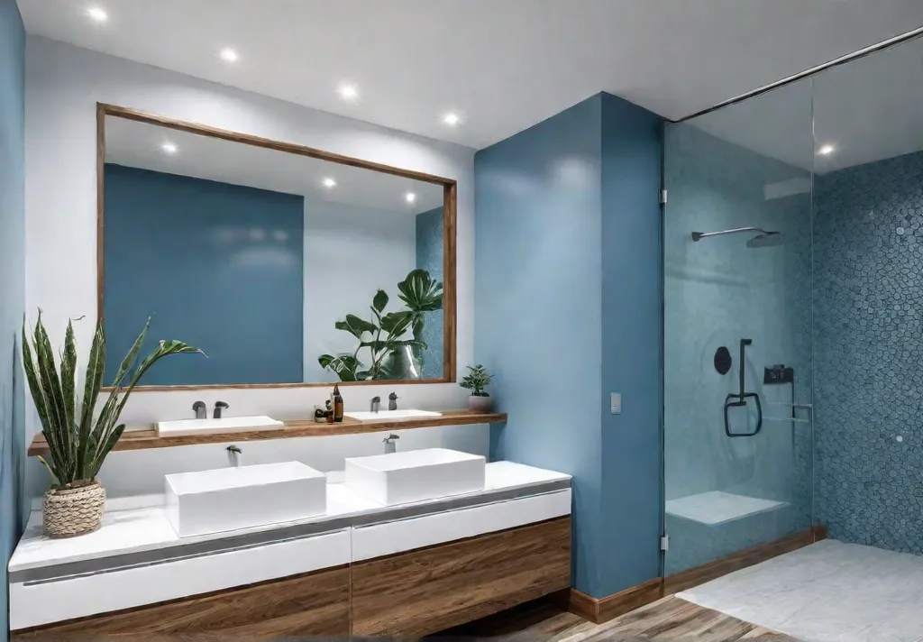 A serene coastal bathroom with soft blue walls natural wood vanity andfeat