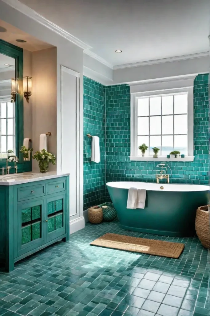 A serene spalike bathroom with a freestanding tub bluegreen tile and natural