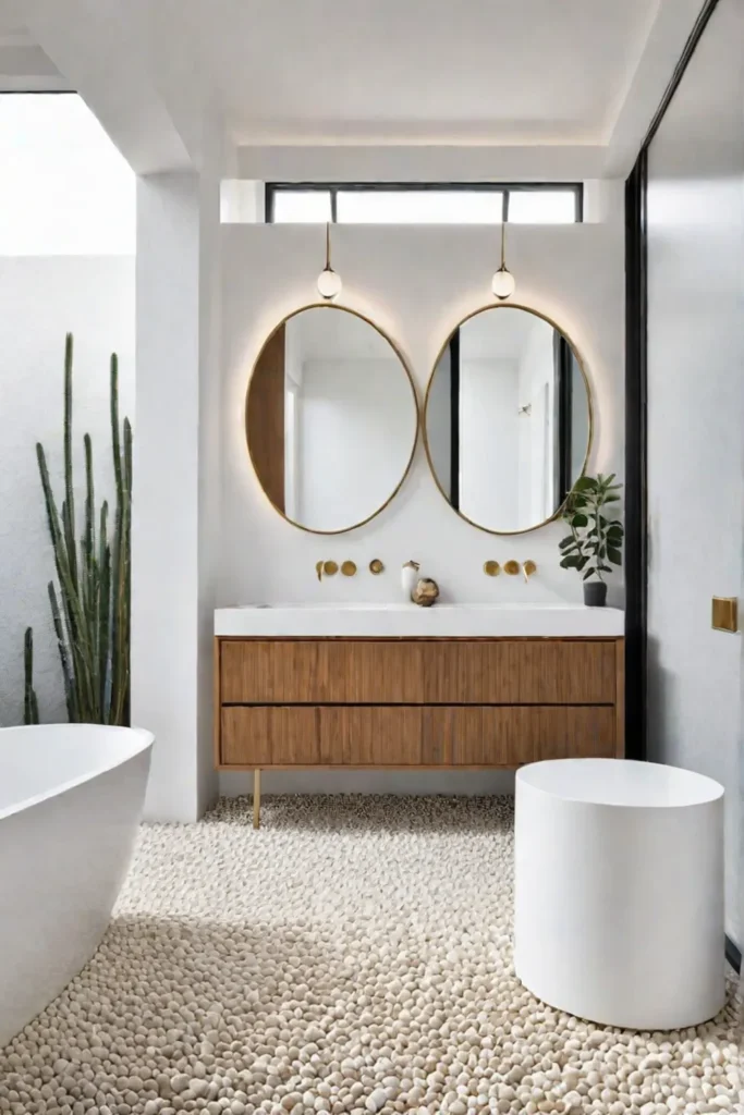 A sleek modern bathroom with a white vanity brass fixtures and pebbleinspired