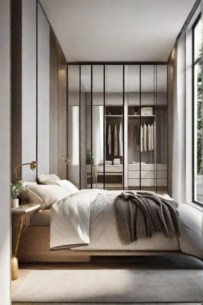 A small bedroom with mirrored closet doors that reflect the natural light
