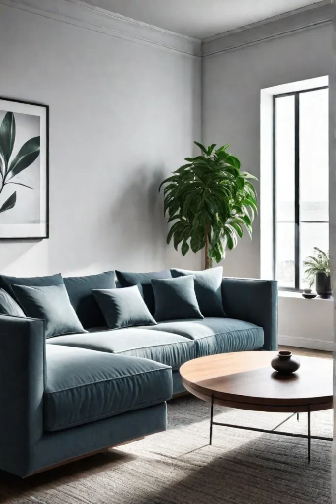 A small contemporary living room with a minimalist lowprofile sofa a petite