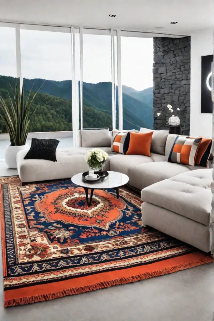 A small living room featuring a brightly colored intricate area rug that