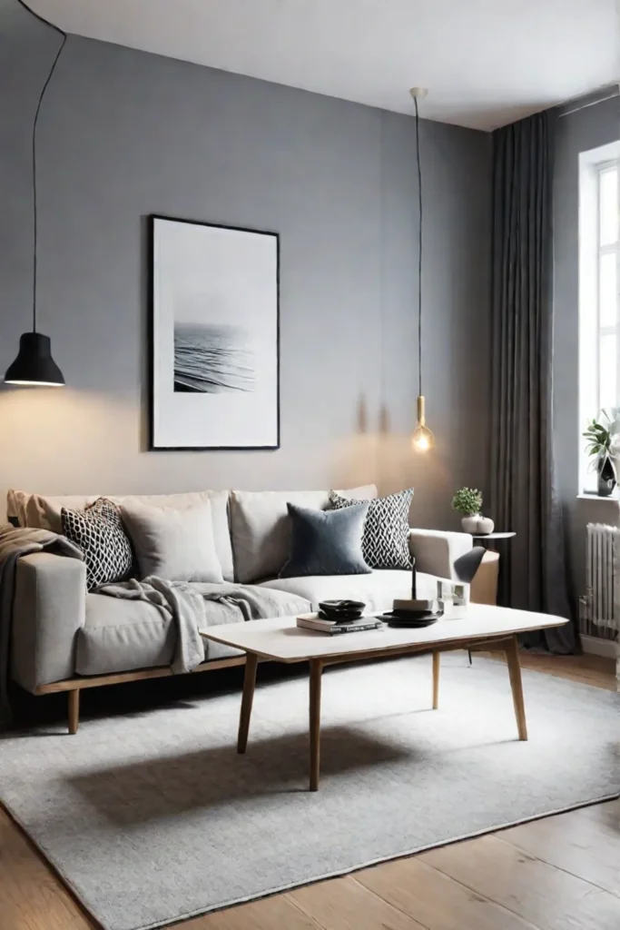 A small living room with a Scandinavianinspired aesthetic featuring clean lines lightcolored