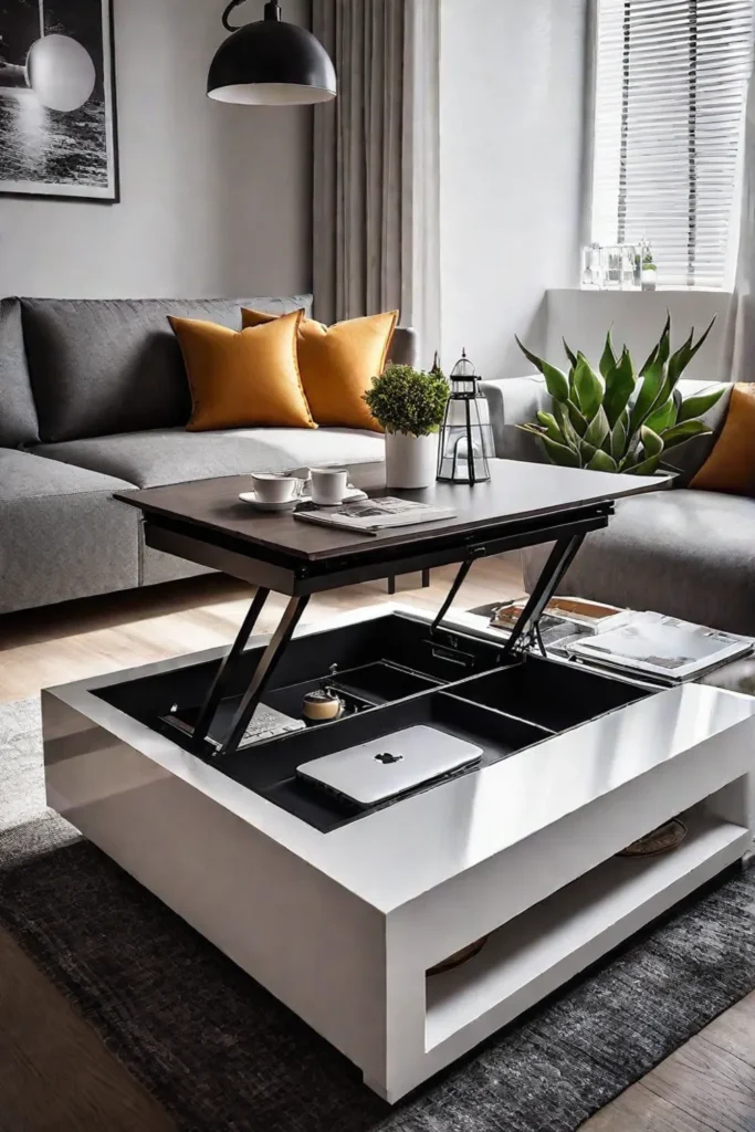 A small living room with a modern coffee table that has hidden