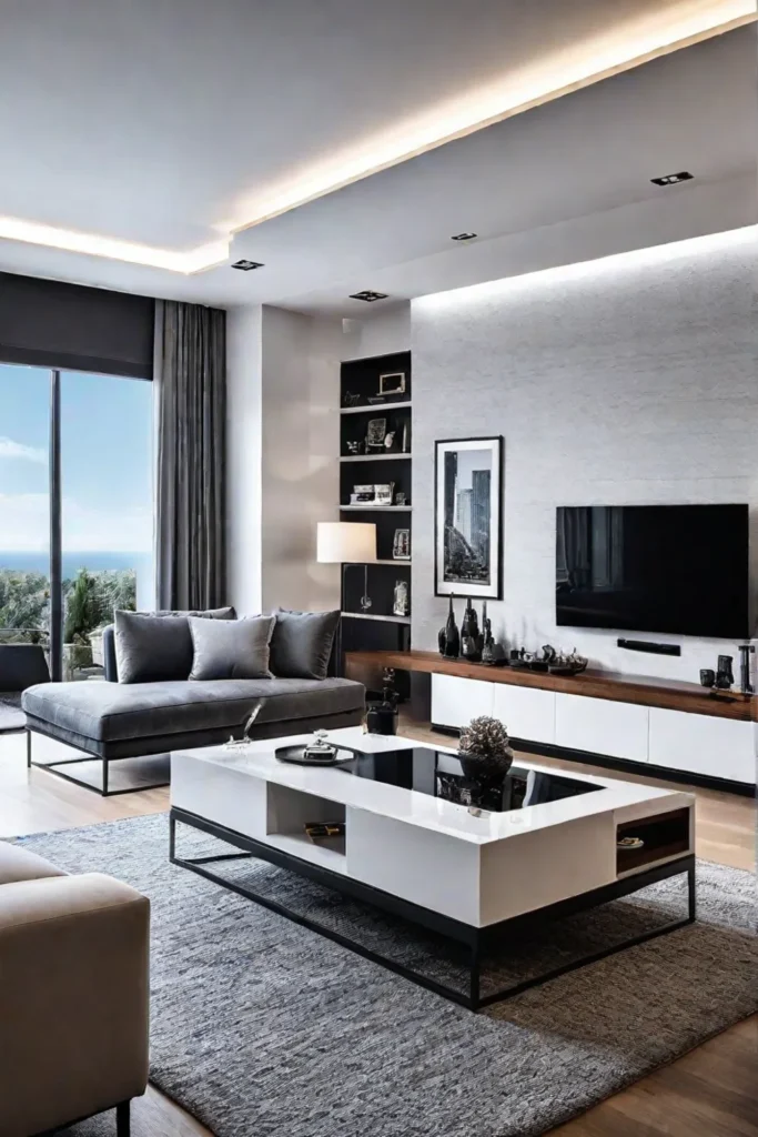 A small living room with a modern modular sofa a wallmounted TV