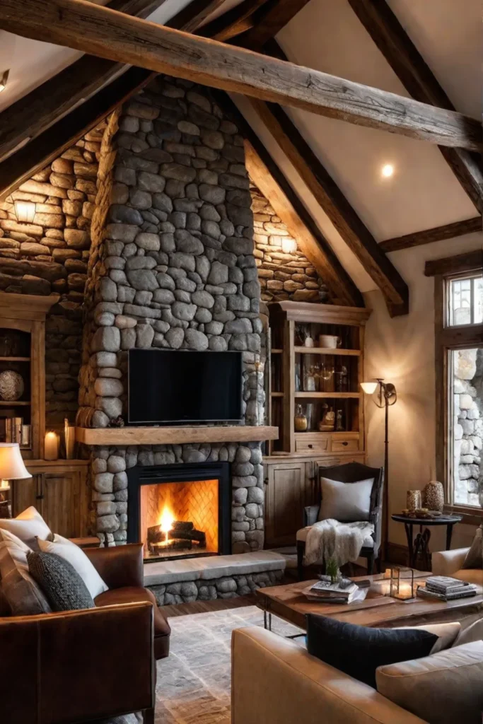A small living room with a warm rustic aesthetic featuring exposed beams