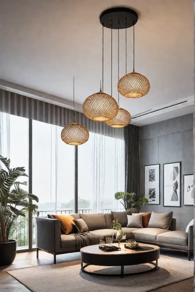 A small living room with an eyecatching sculptural pendant light fixture hanging