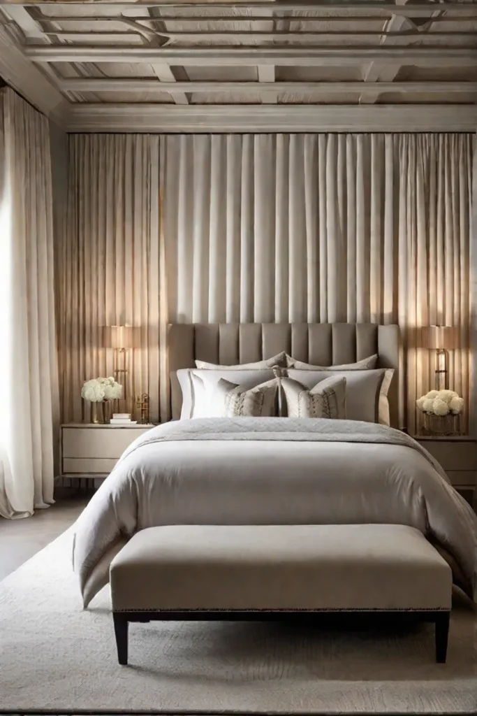 A soft neutraltoned bedroom featuring lightweight sheer fabric hangings around the sleeping