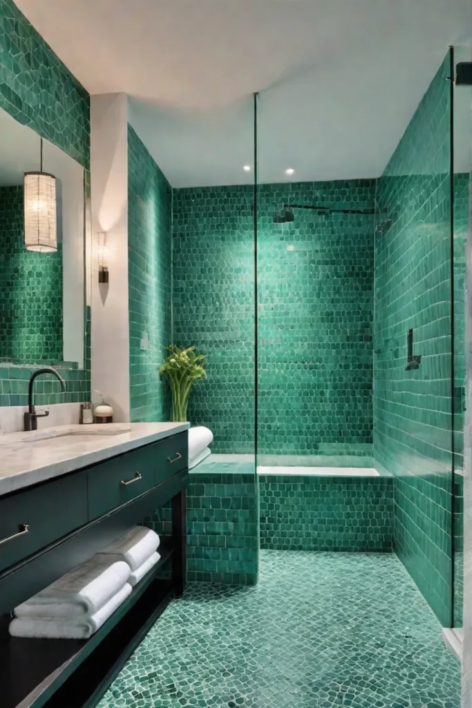 A soothing bathroom with bluegreen subway tile shellshaped wall sconces and plush