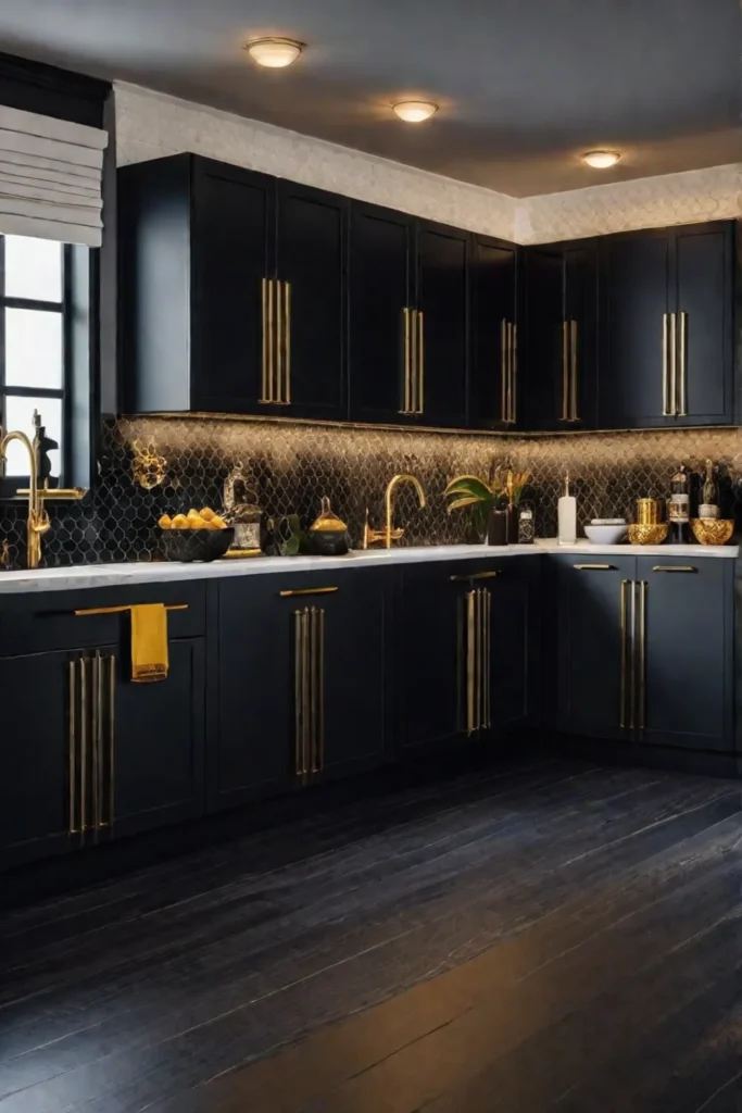A sophisticated kitchen with black cabinets gold fixtures and a modern industrialinspired
