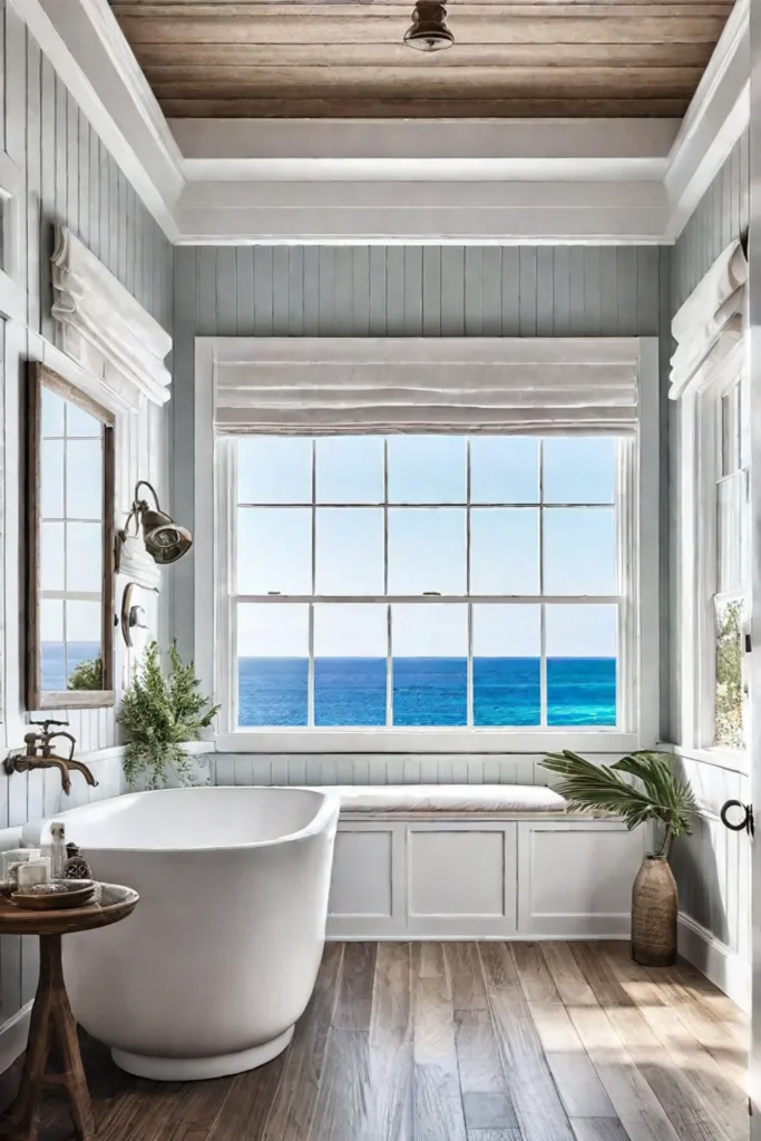 A sundrenched coastal bathroom with shiplap walls a panoramic ocean view and