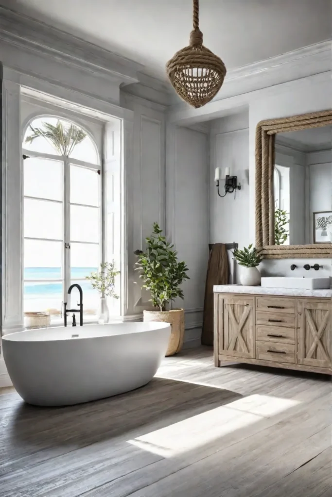 A sunfilled coastal bathroom with a panoramic window a freestanding tub and