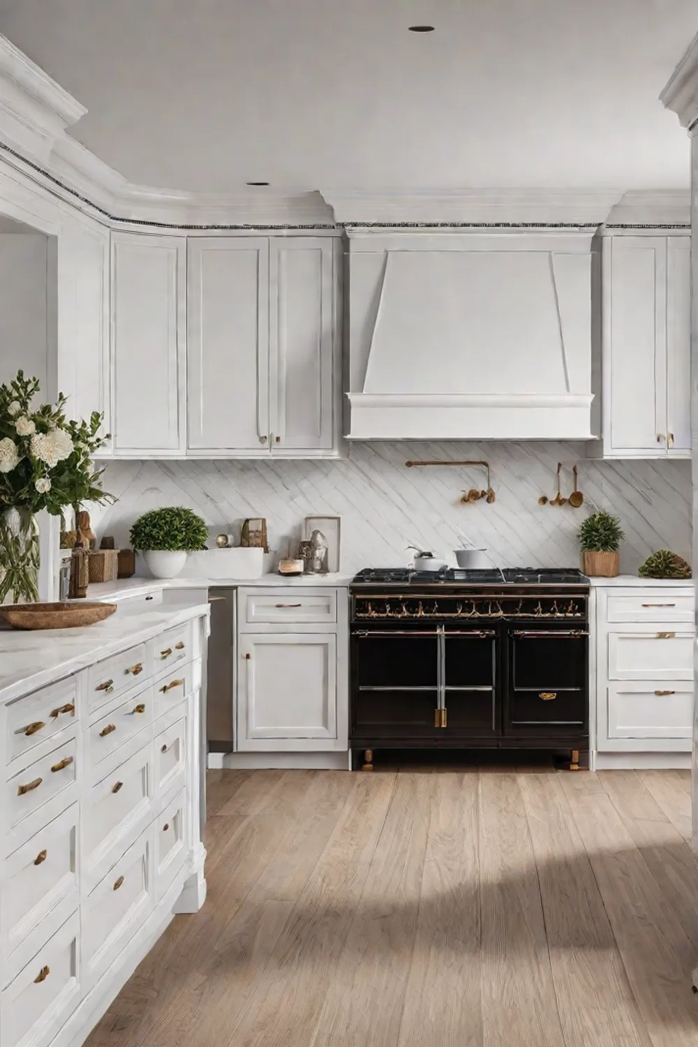 A traditional kitchen with a combination of white cabinets and natural wood