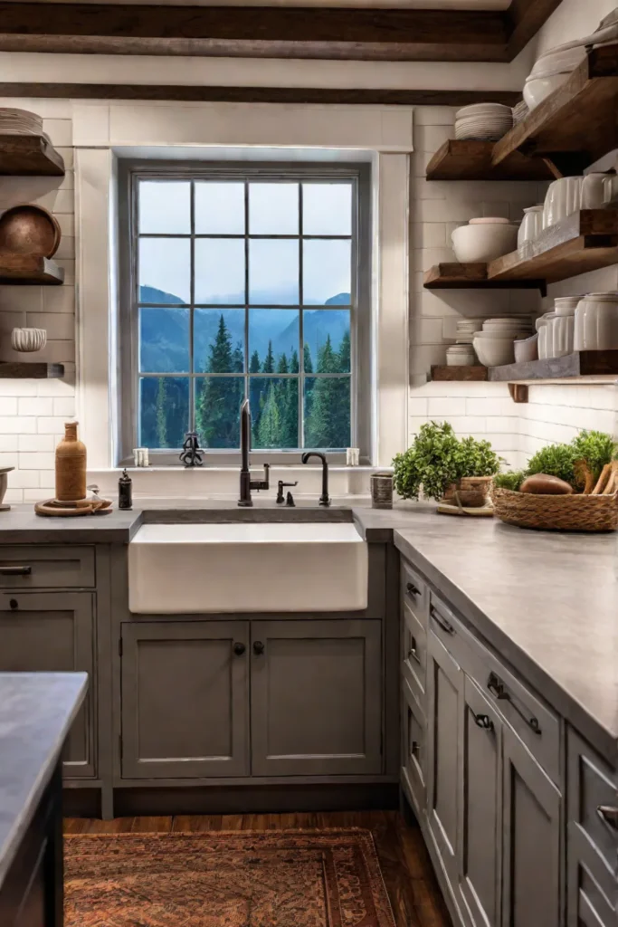 A traditional kitchen with wood cabinetry a farmhousestyle sink and a warm