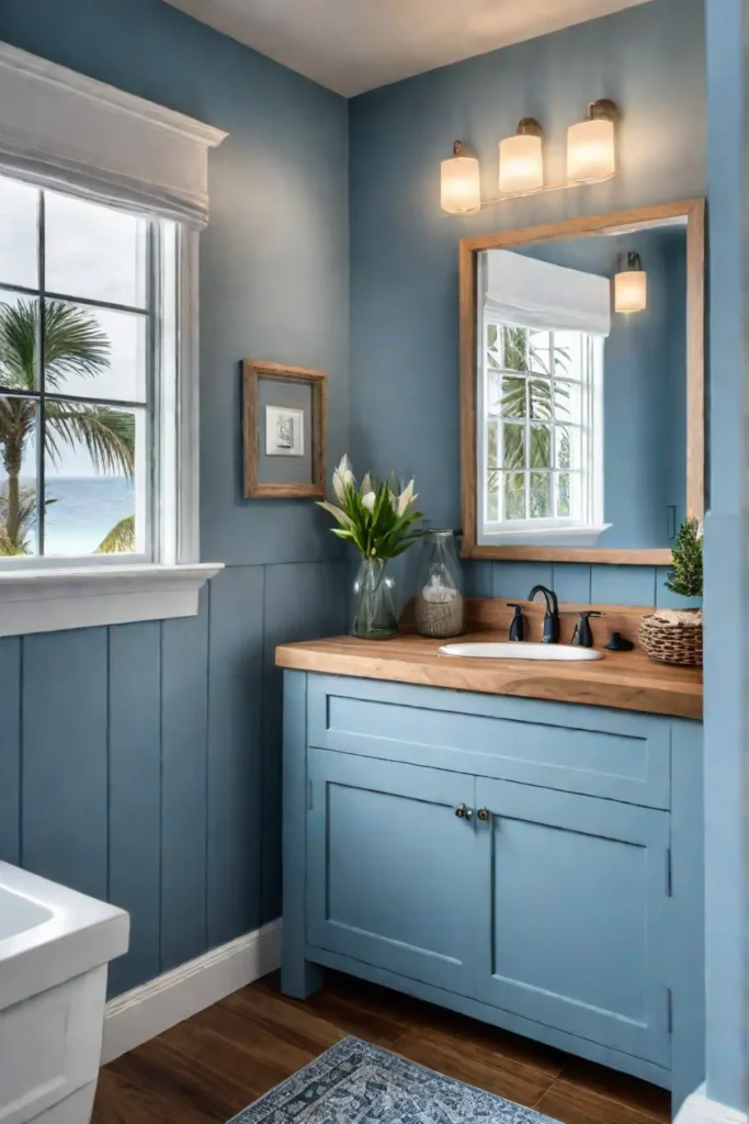 A tranquil coastal bathroom with a calming color palette natural textures and