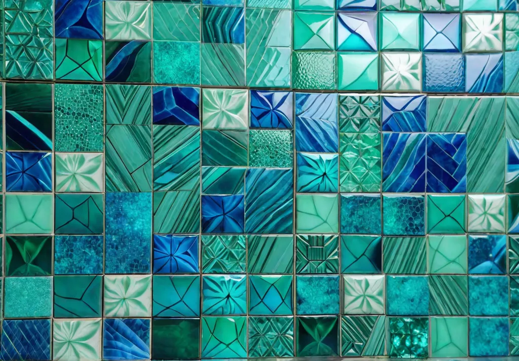 A vibrant mosaic tile backsplash with geometric patterns in shades of bluefeat