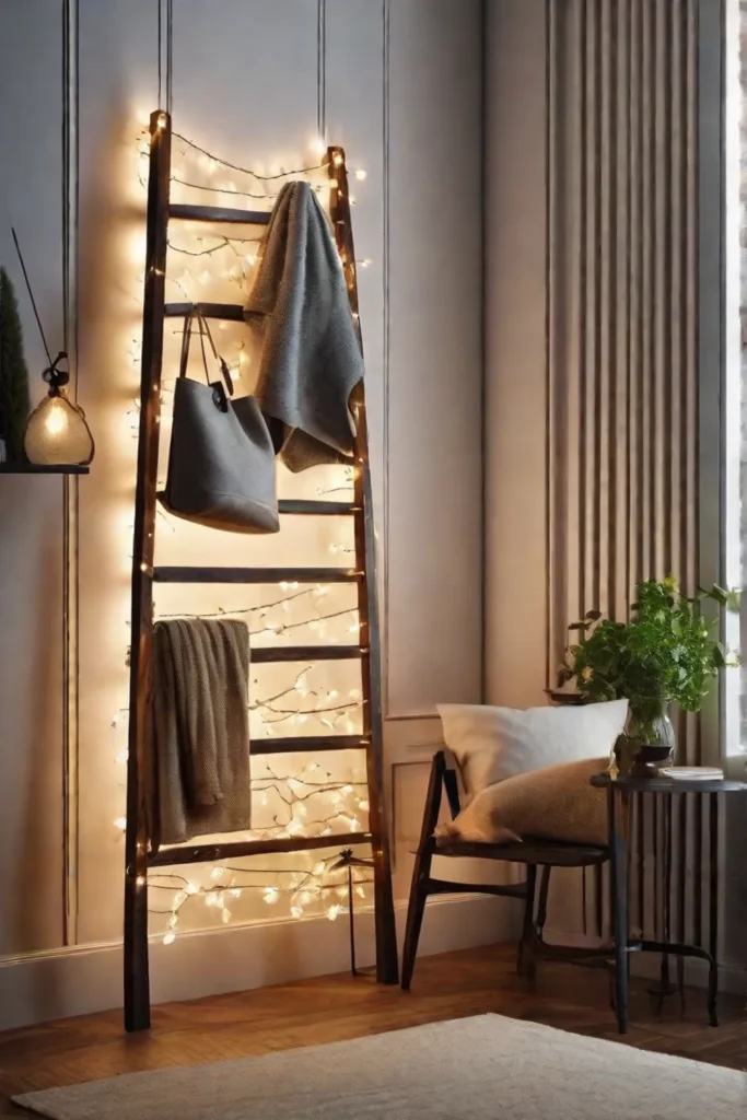 A visually engaging decorative ladder leaning against a bedroom wall embellished with