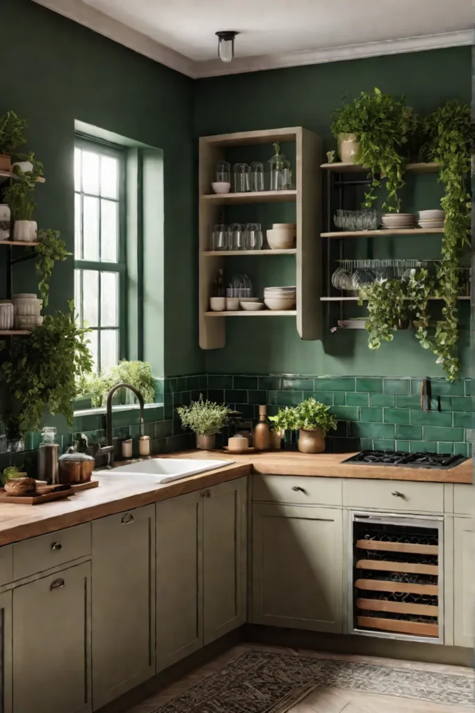 A warm and inviting kitchen with a combination of green walls beige