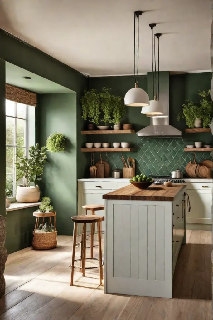 A warm and inviting kitchen with green walls beige cabinets and natural