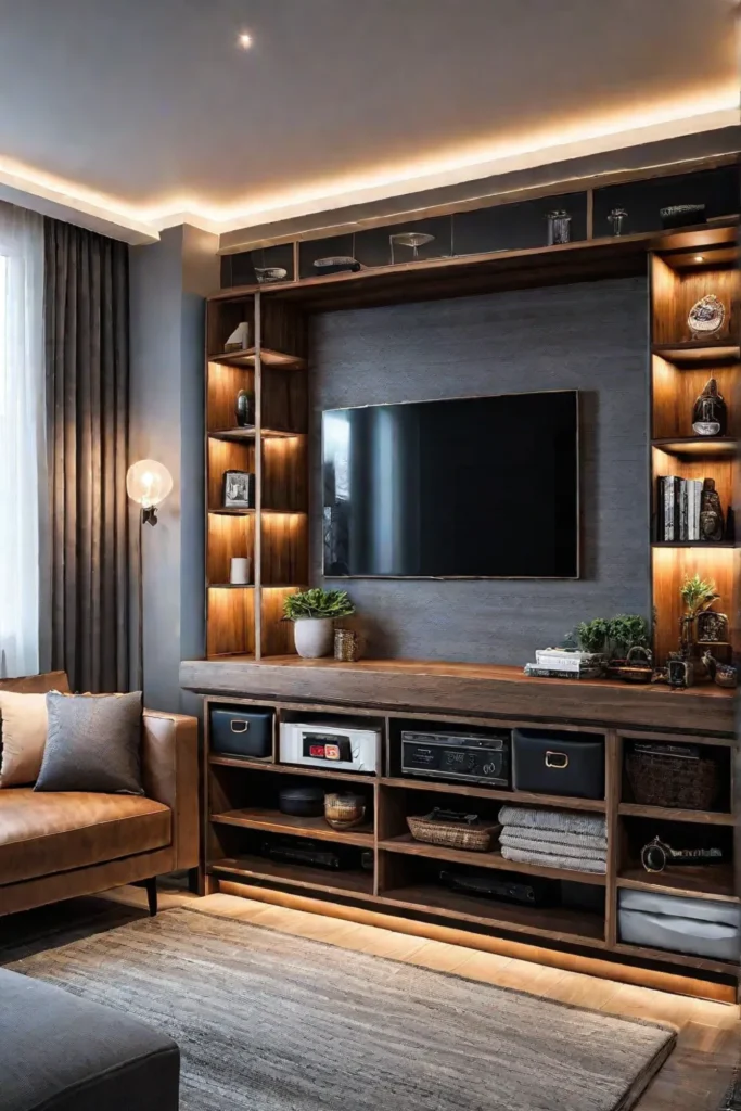 A wellorganized small living room with efficient storage solutions including a wallmounted
