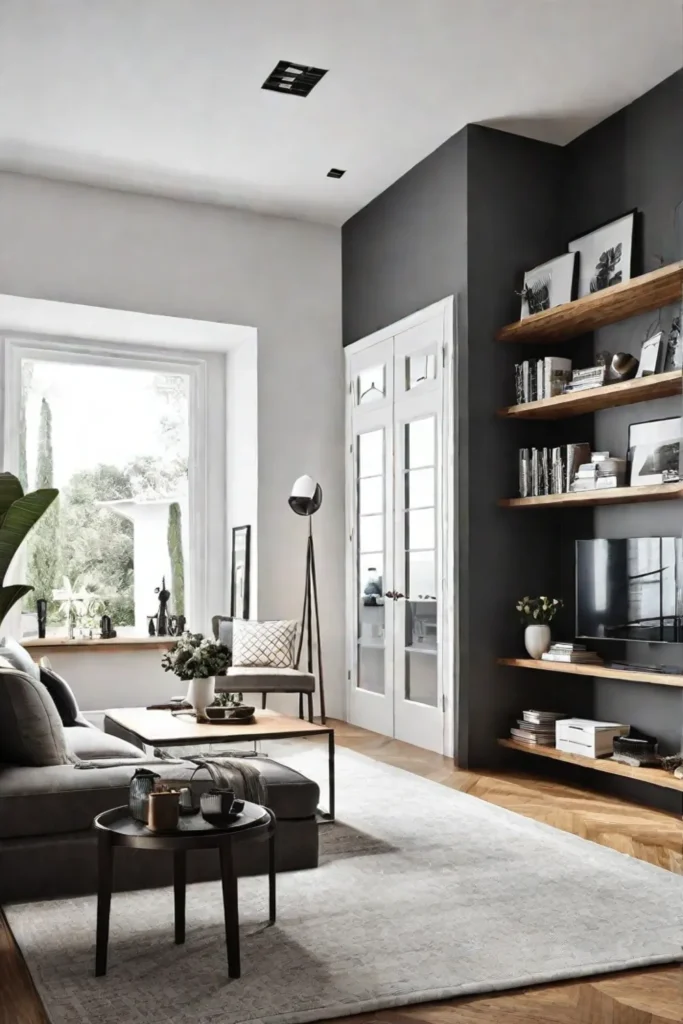A wellorganized small living room with overthedoor storage solutions maximizing the available