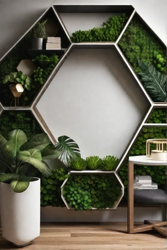 An artistic display of floating hexagonal shelves combining natural wood textures and
