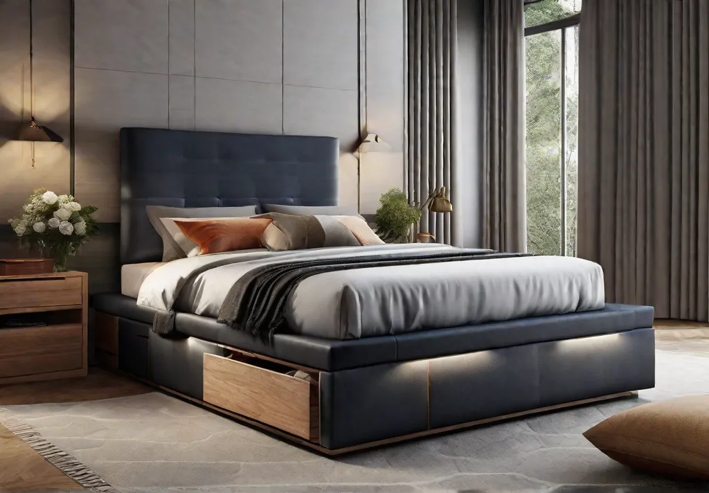 An elegant bed with builtin drawers and compartments showcasing the clever usefeat