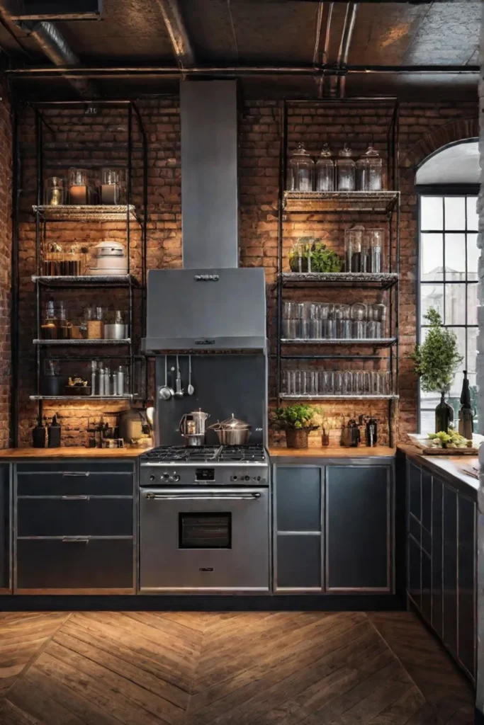 An industrialstyle kitchen with exposed brick walls metal accents and a blend