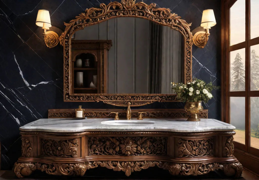 An ornate wooden vintage vanity unit with intricate carvings and a marblefeat
