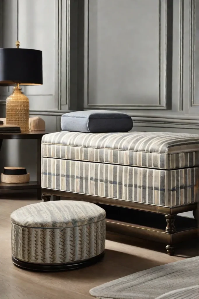 An ottoman with storage upholstered in a chic patterned fabric sitting at