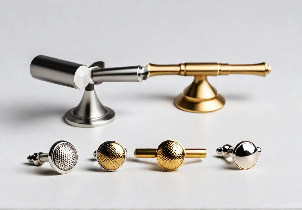 Assortment of modern cabinet pulls and knobs in various metallic finishes onfeat