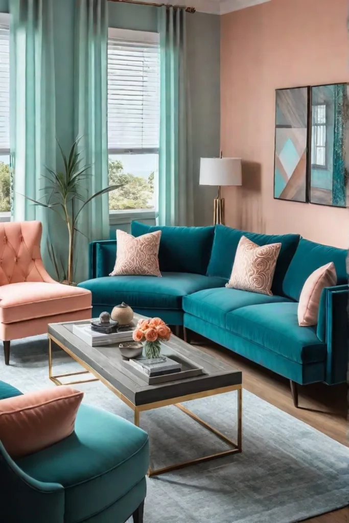 Bright living room with teal and peach