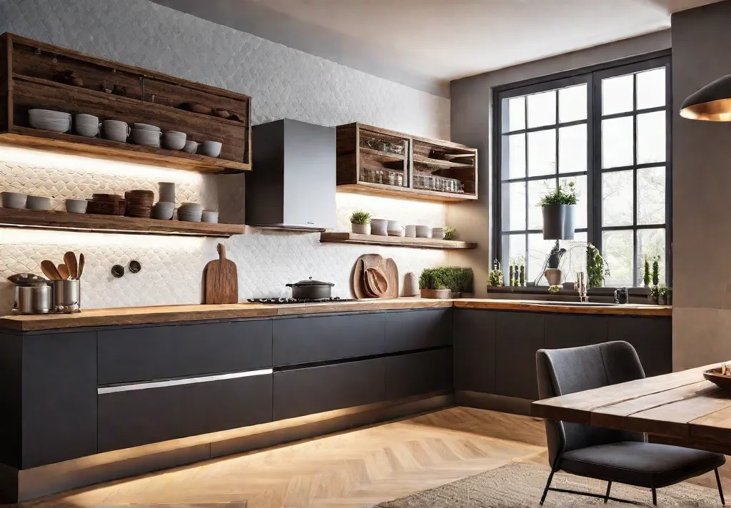 Cozy kitchen interior with warm lighting natural materials and inviting texturesfeat