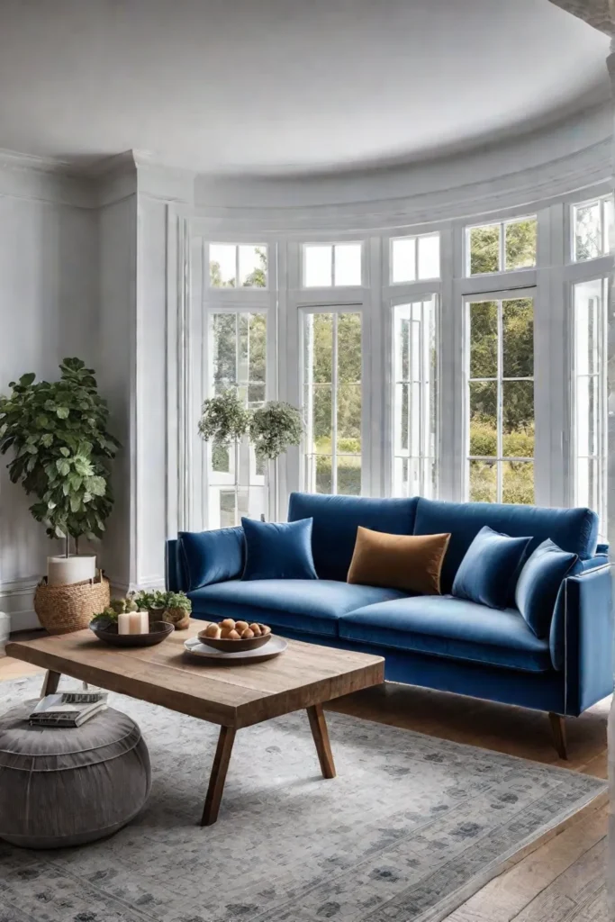 Cozy living room with blue and white