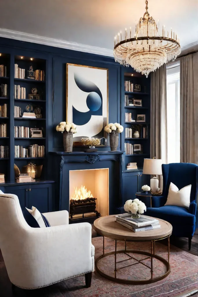 Cozy living room with navy and cream
