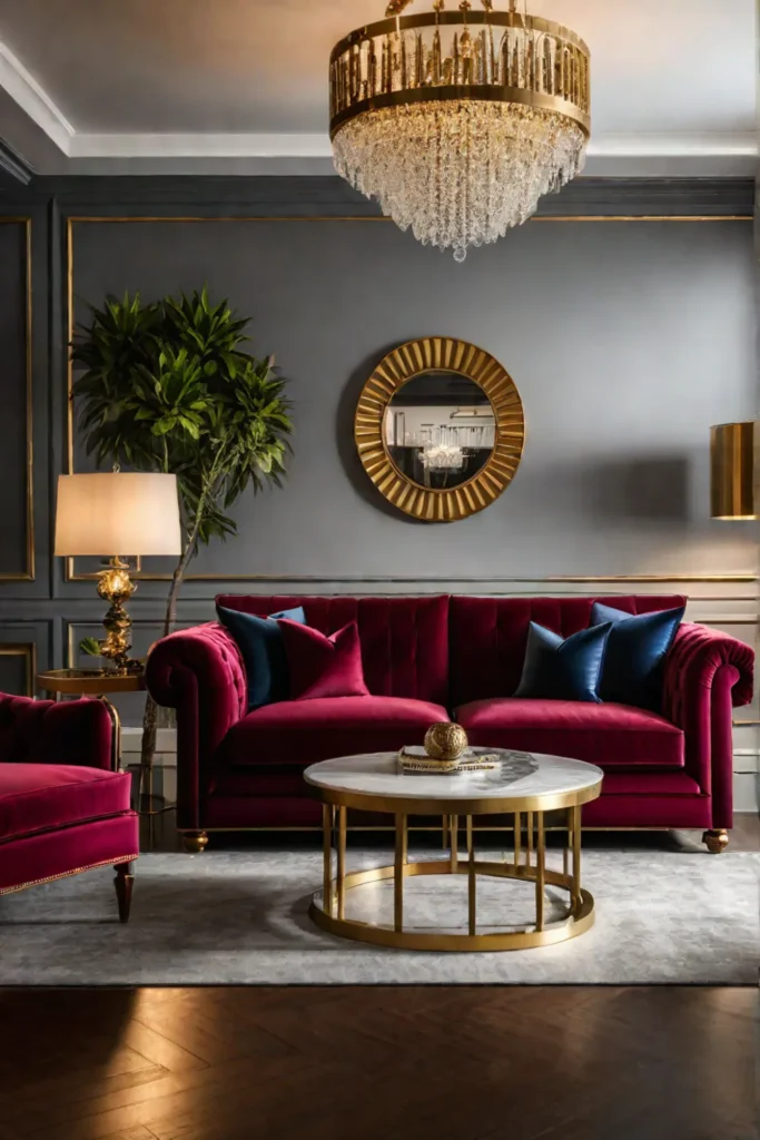 Elegant living room with burgundy and gold