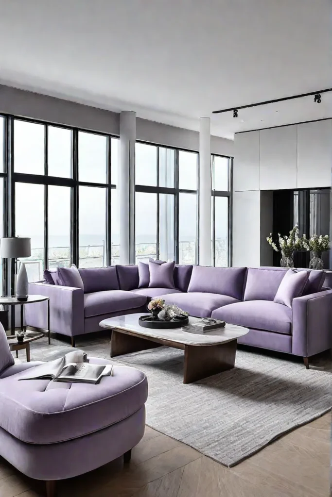 Modern living room with lavender and grey