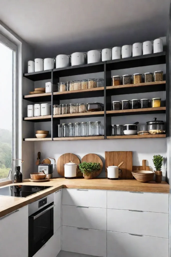 Open kitchen shelves showcasing decorative and functional items