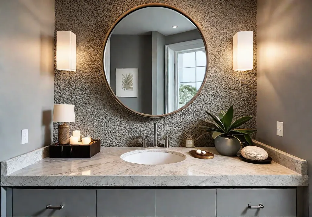 Serene coastal bathroom oasis with natural stone vanity and shellinspired decorfeat
