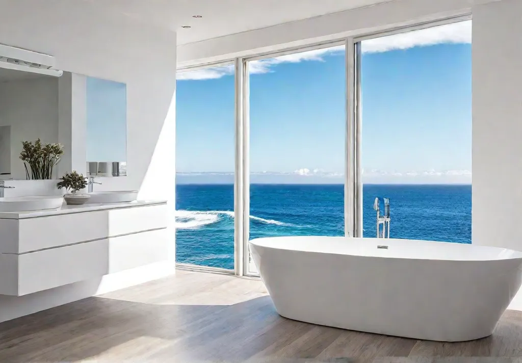 Serene coastal bathroom with abundant natural light white walls and a largefeat