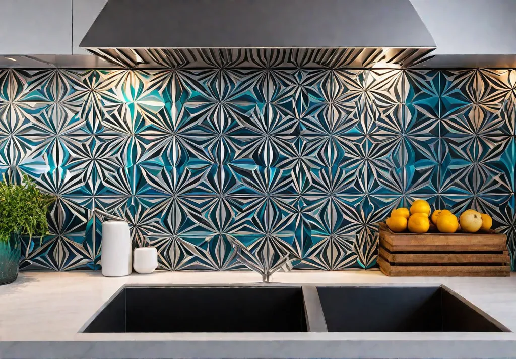 Vibrant geometric tile backsplash in a modern kitchenfeat