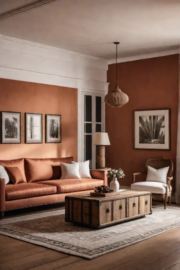 Warm living room with terracotta and white