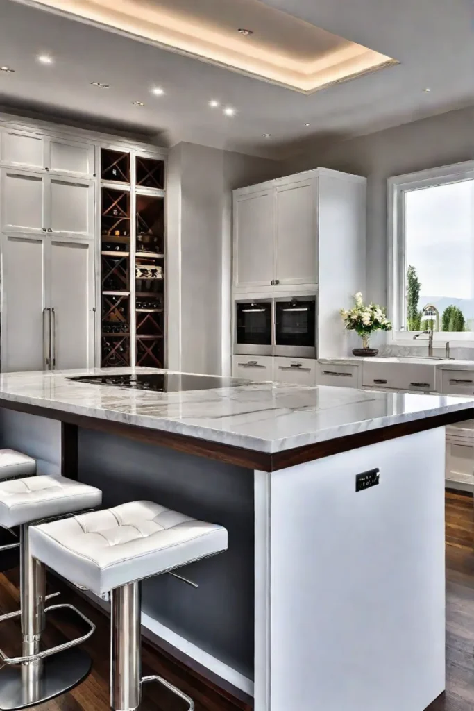 Wooden kitchen island with marble countertop
