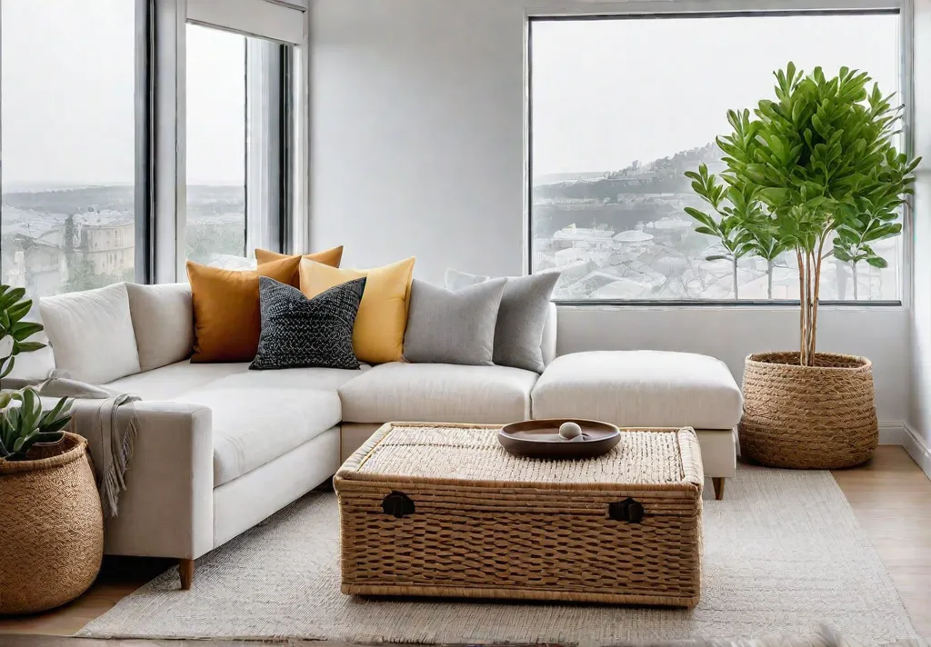 A Scandinavian living room with a white linen sofa a light woodfeat