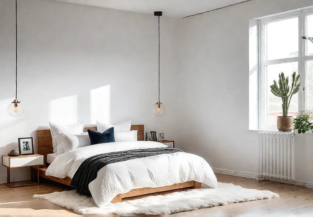 A Scandinavian minimalist bedroom with white walls light wood floors a lowfeat