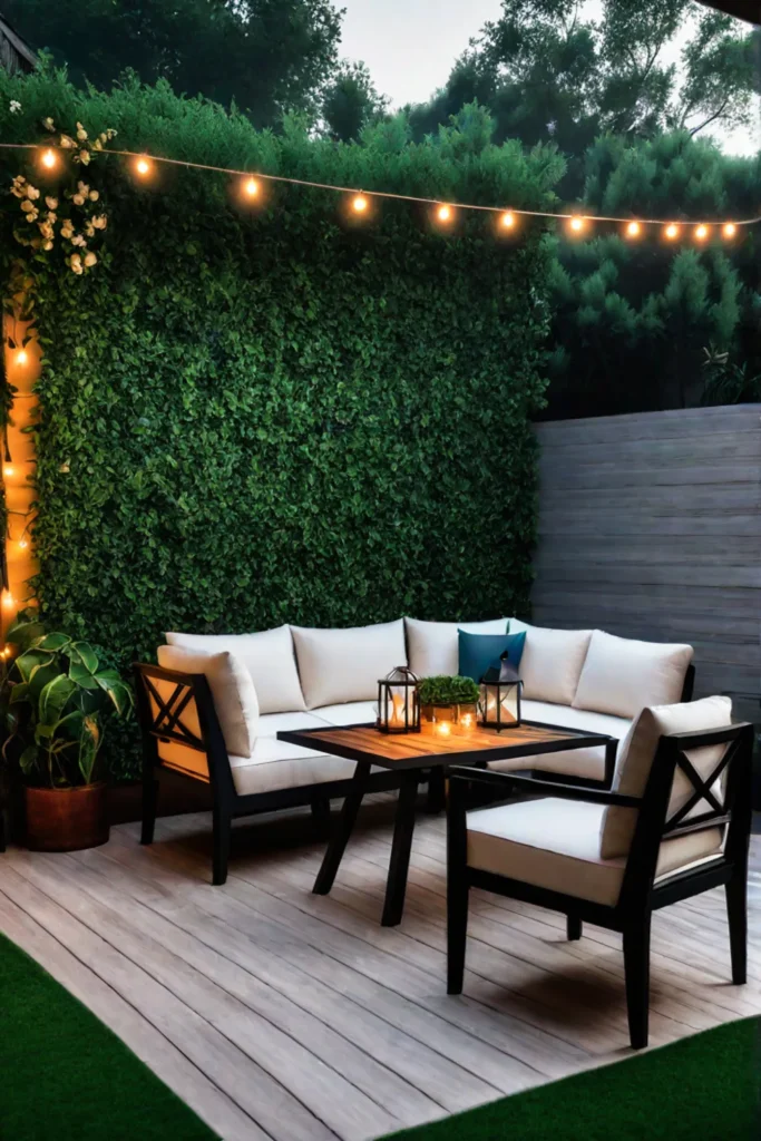 A beautifully designed patio space with highquality furniture lighting and lush plants
