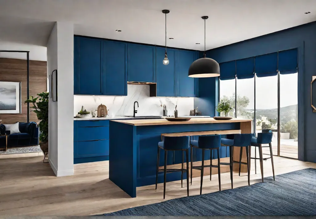 A bright and airy kitchen with pops of vibrant blue cabinetry andfeat